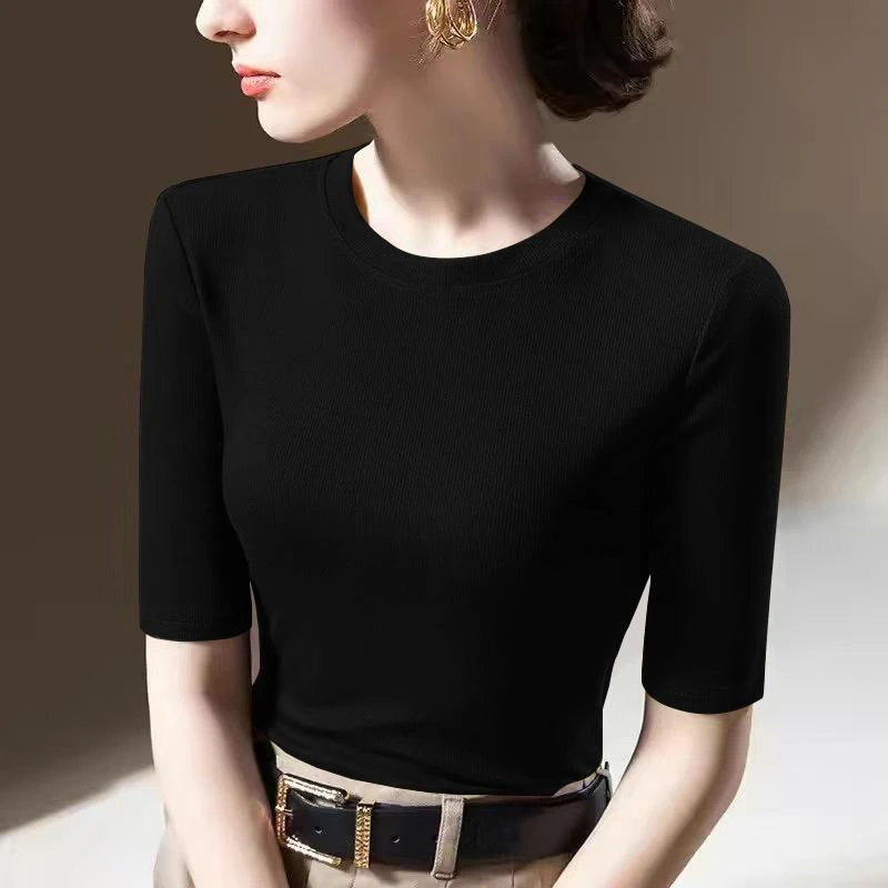 黑色打底衫女春秋新款正肩针织内搭薄款高级感五分袖紧身中袖上衣