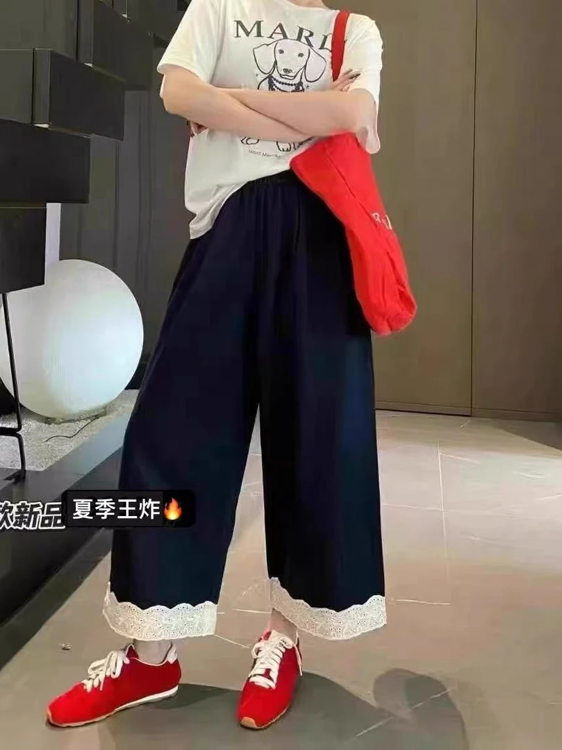 夏季薄款花边设计牛仔九分阔腿直筒宽松显瘦休闲裤