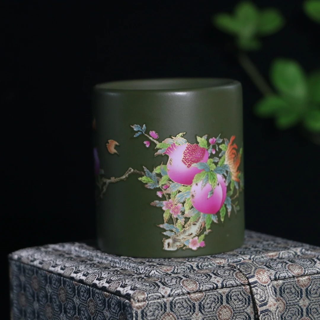 宜兴紫砂绿泥寿桃主人杯手工刻绘茶具150cc