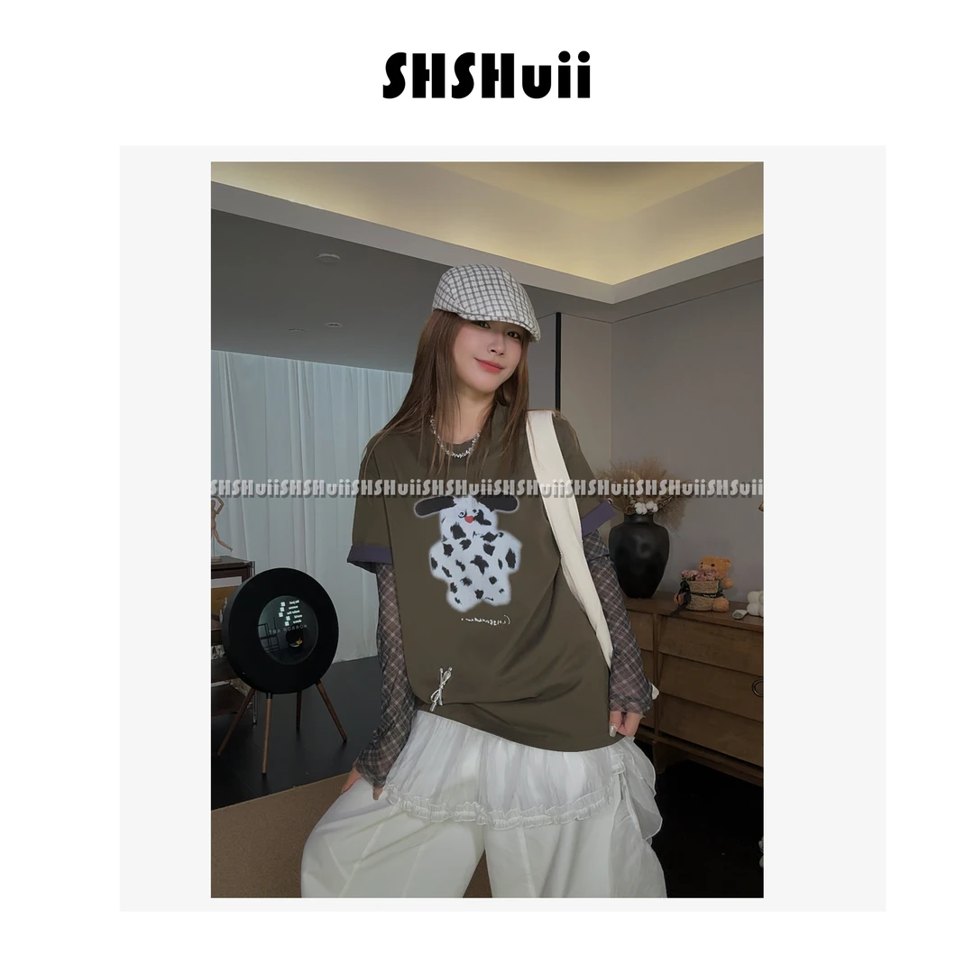 IN.SHuii【斑点狗狗】早秋小狗印花翻边拼色短袖T恤女