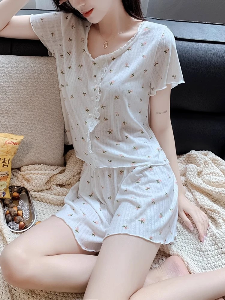 夏季睡衣女三件套代尔棉碎花小清新开衫短袖短裤长裤可外穿家居服