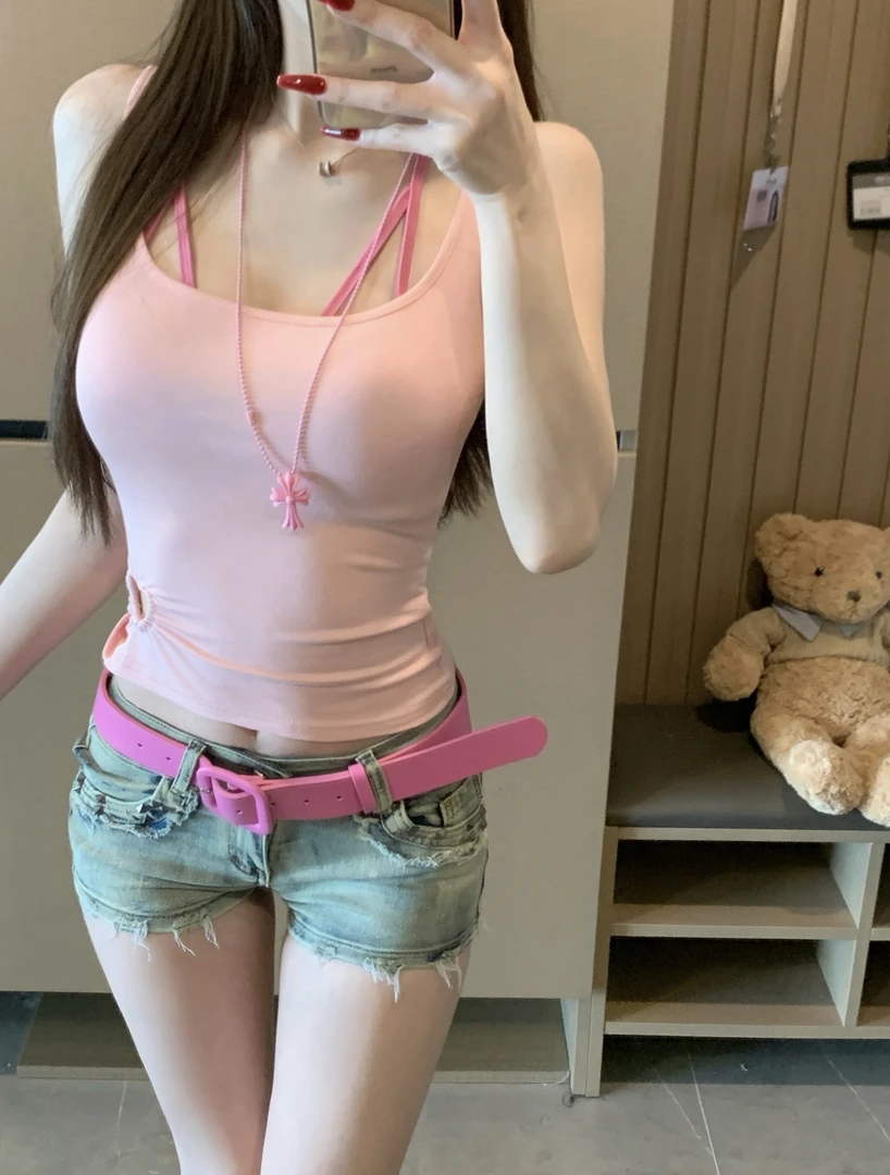 【451-500】纯欲风辣妹吊带背心短袖女