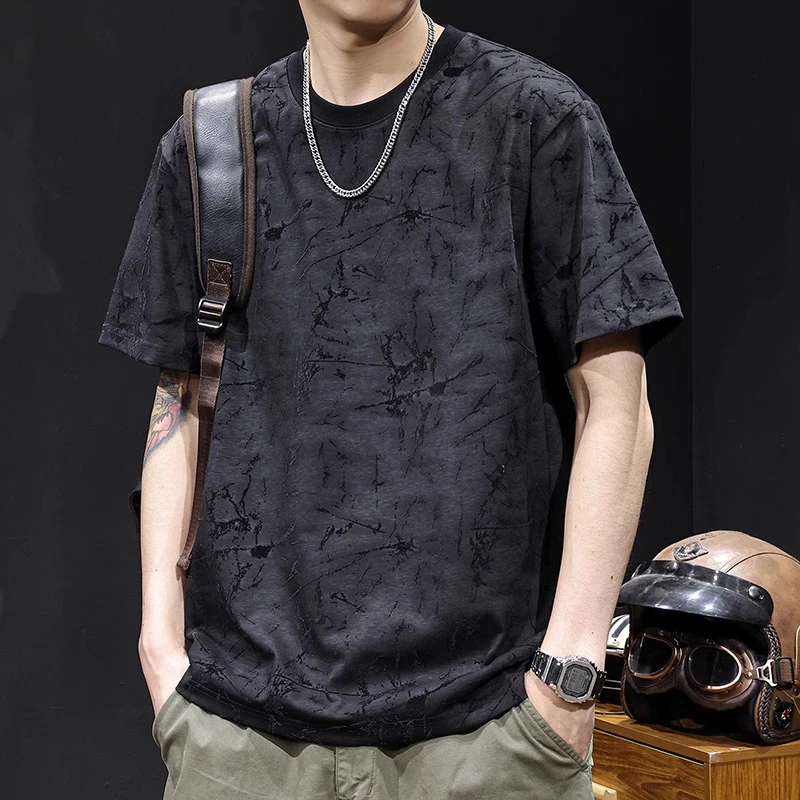 GTRT植绒满印短袖t恤男士潮流百搭夏季新款美式体恤大码休闲半袖