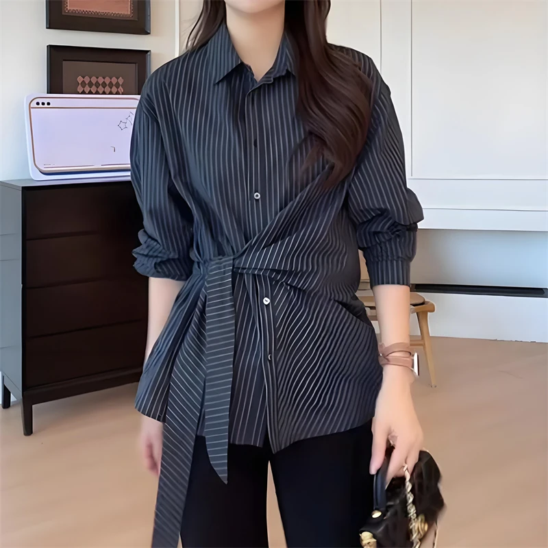 韩版设计感不规则绑带收腰条纹衬衫女秋季新款polo领显瘦百搭上衣