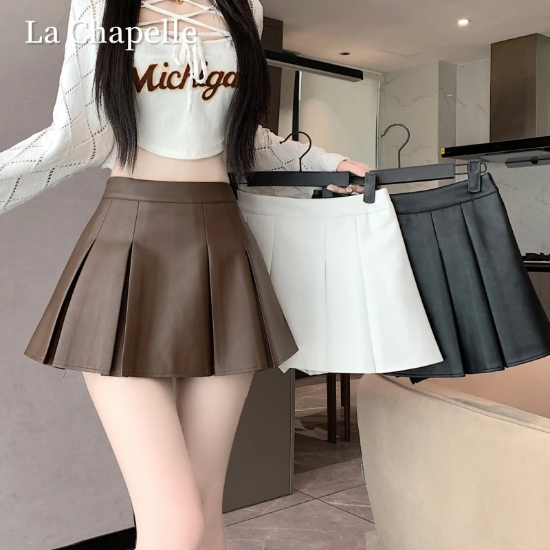 拉夏贝尔高腰复古pu皮百褶裙秋冬韩版设计感显瘦a字辣妹超短裙女