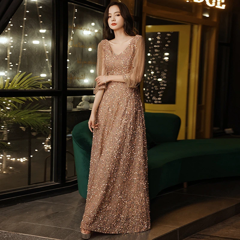 宴会晚礼服流苏V领亮片香槟色性感女王气质主持人礼服裙2025新款