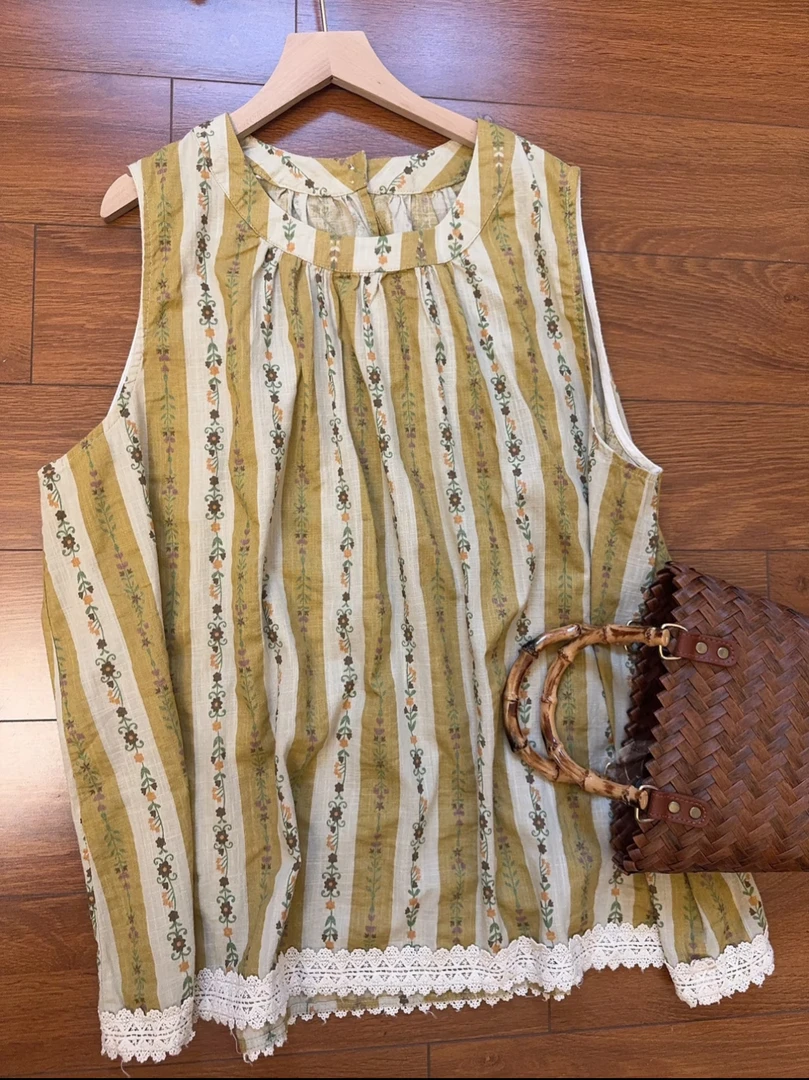 日系复古定制麻料印花无袖上衣（衣长67胸围140）