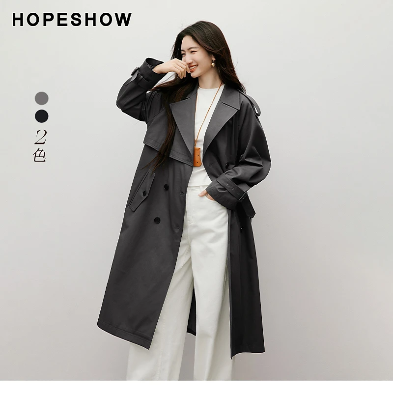 红袖2025秋女装 系带双排扣插肩袖翻驳领中长风衣外套90125270702