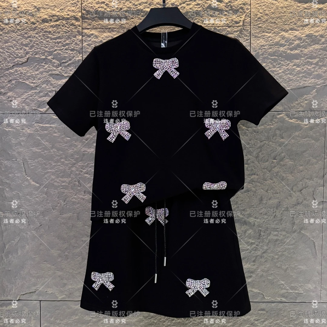 WMA-A48@设计师款丨水钻蝴蝶结重工宽松版短袖T恤短裤时尚套装