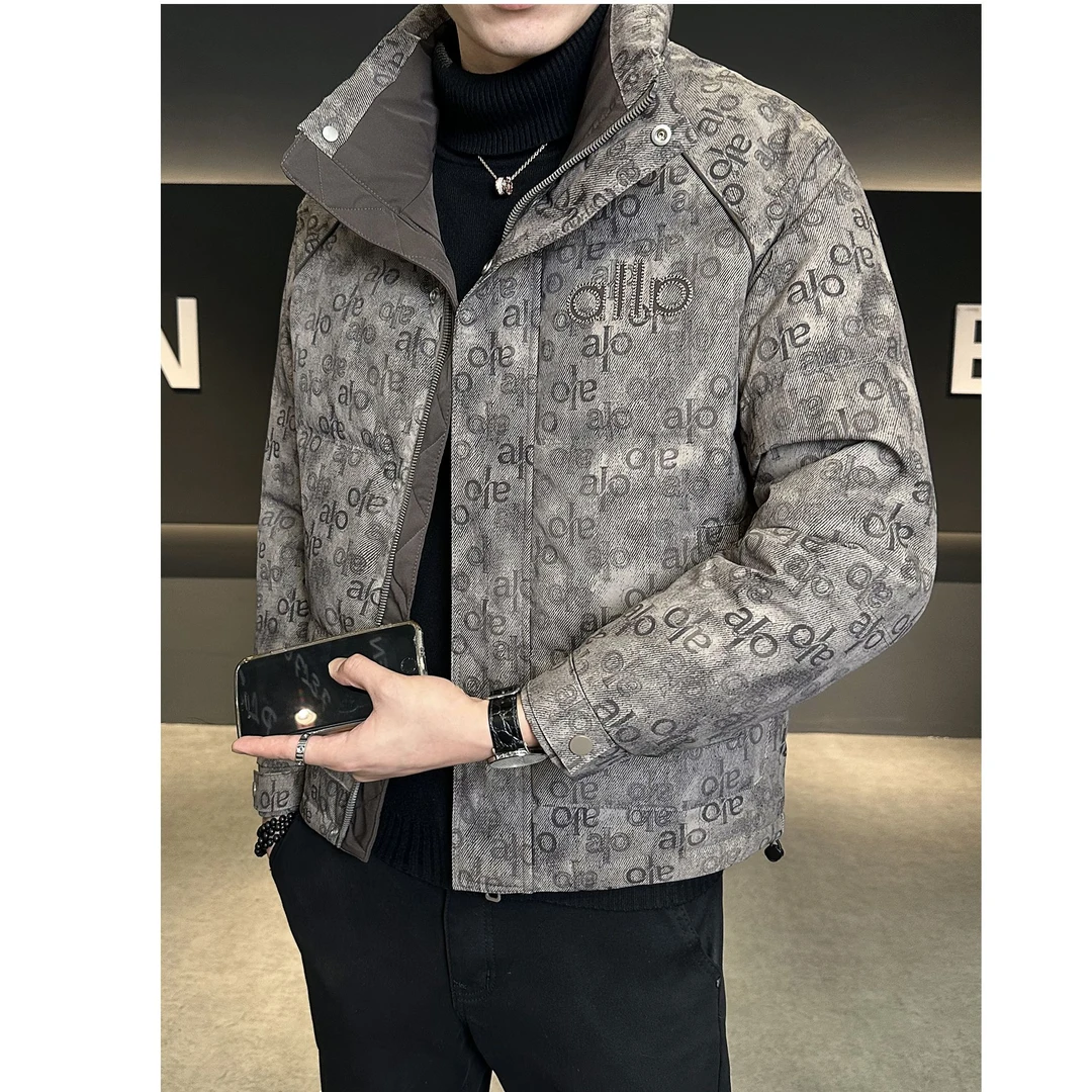 佩库普伦鸭绒羽绒服男冬季立领新款修身帅气短款印花保暖冬装外套