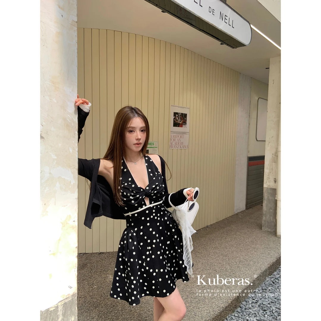 KUBERAS 复古小众撞色波点收腰挂脖短裙法式A字显瘦长裙连衣裙