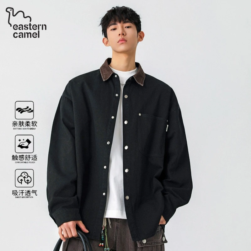 东方骆驼秋季新款长袖衬衫男潮复古工装衬衣美式休闲宽松翻领外套