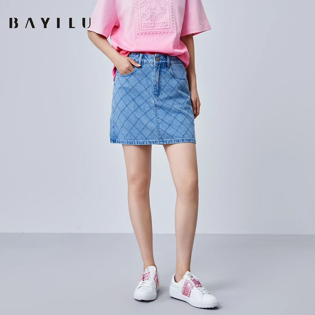 【女乔】芭依璐夏季牛仔半身裙女钉珠半裙90Q3829(颜色不同面料)