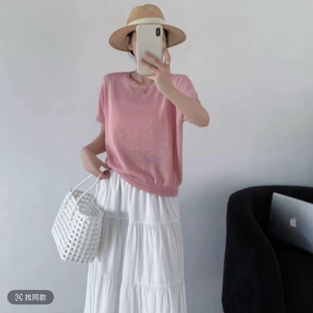 短袖宽松型开叉时尚简约毛衣毛针织衫薄款圆领条纹2260