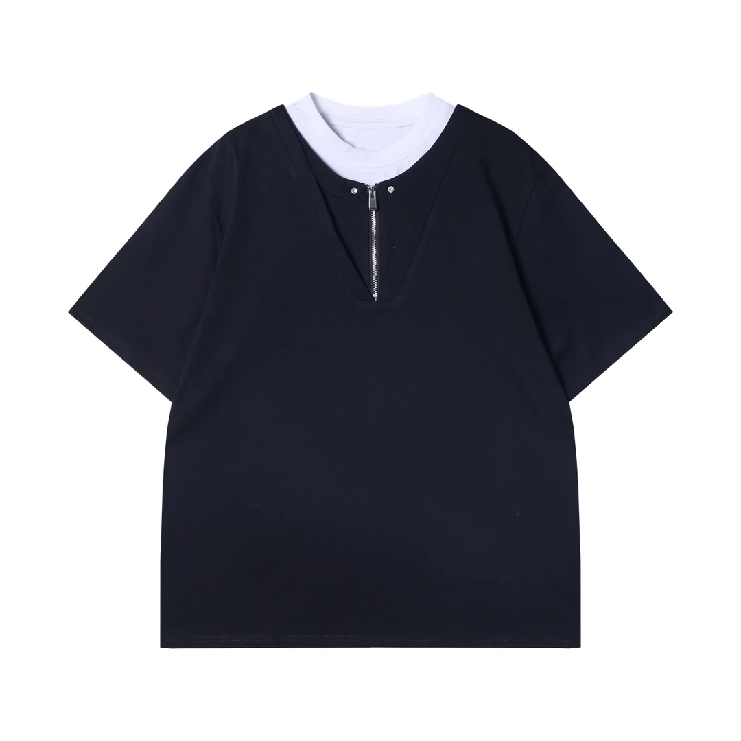 夏季高级感新款美式撞色半拉链假三件圆领短袖T恤简约休闲上衣