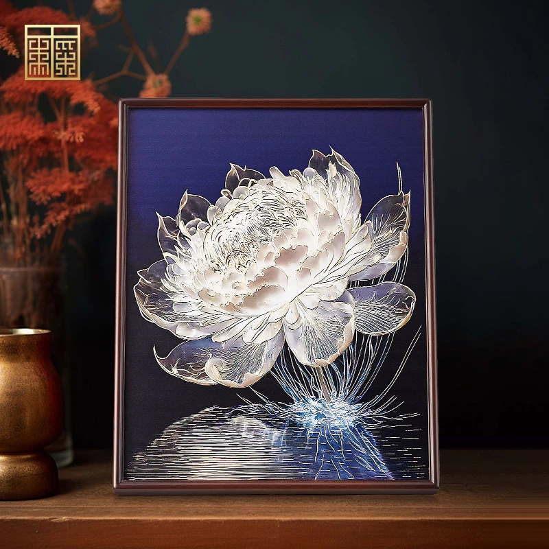 《冰魄雪莲》桌摆铜版画新中式摆台装饰壁画酒店会所民宿批量定制