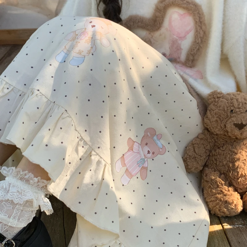 森女部落学院风纯棉高腰半身裙女新款秋季百搭可爱小熊印花中长裙