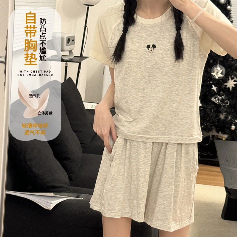 莫代尔睡衣女夏天季短袖韩版套头慵懒风2025新款带胸垫家居服套装