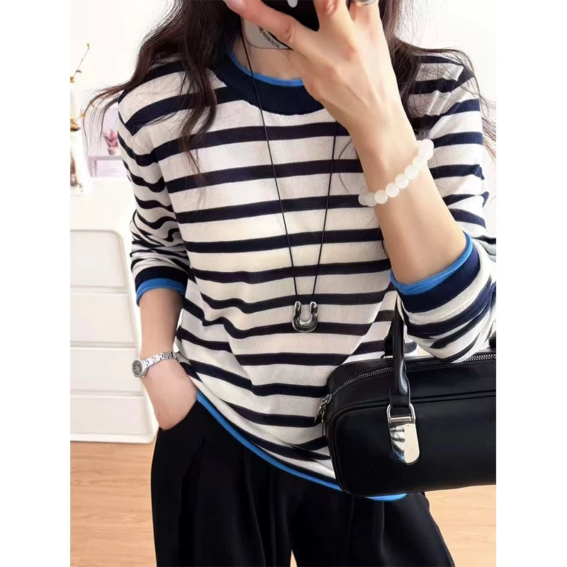 撞色双层领条纹针织上衣时尚百搭长袖圆领设计早秋韩版宽松休闲
