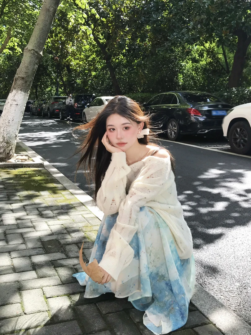 安安崽【海岛纱雾】多巴胺彩色油画印花连衣裙夏季钩花时尚罩衫长裙