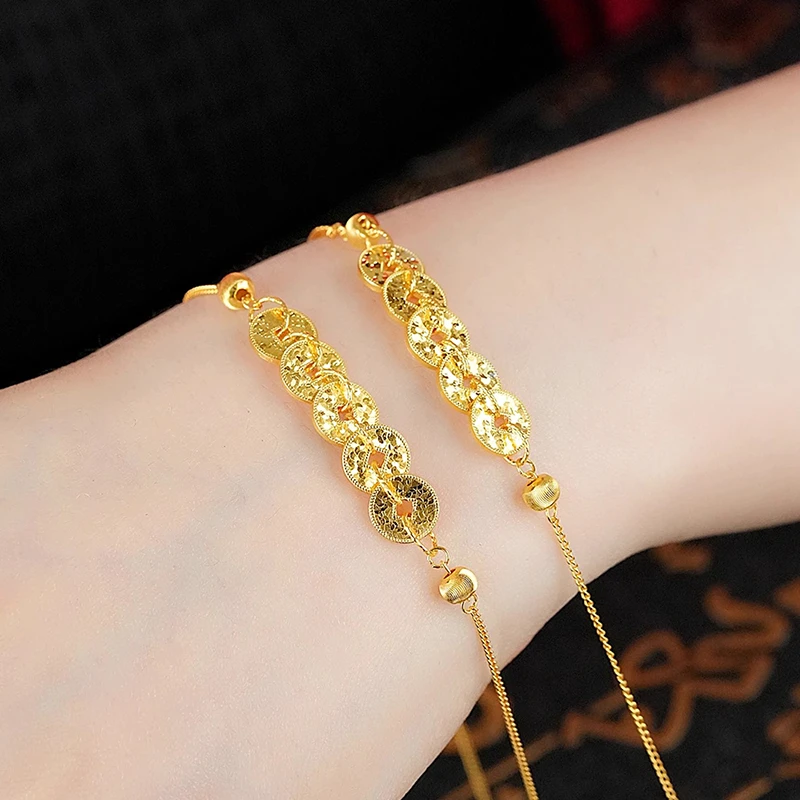 足银手链 金包999足银碎冰冰五帝钱金币手链可调节百搭时尚