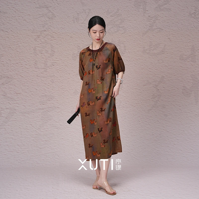 序缇『长安旧梦』夏季新款国风新中式红云纱桑蚕丝连衣裙S06-2299