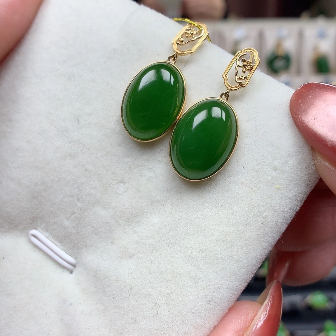 和田玉（碧玉）18K金镶嵌耳饰1014