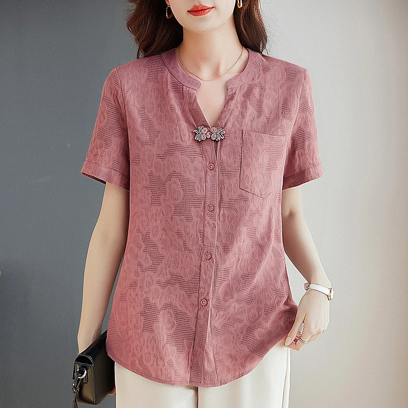短袖衬衫大码上衣小衫女2025新款夏季宽松显瘦遮肚子V领衬衣女款