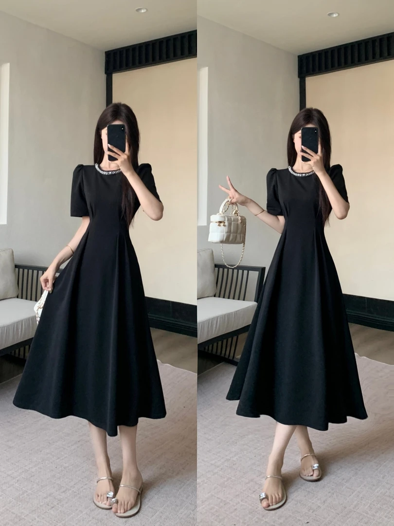 大码高级感重工钉珠短袖连衣裙赫本风气质显瘦中长款连衣裙6935