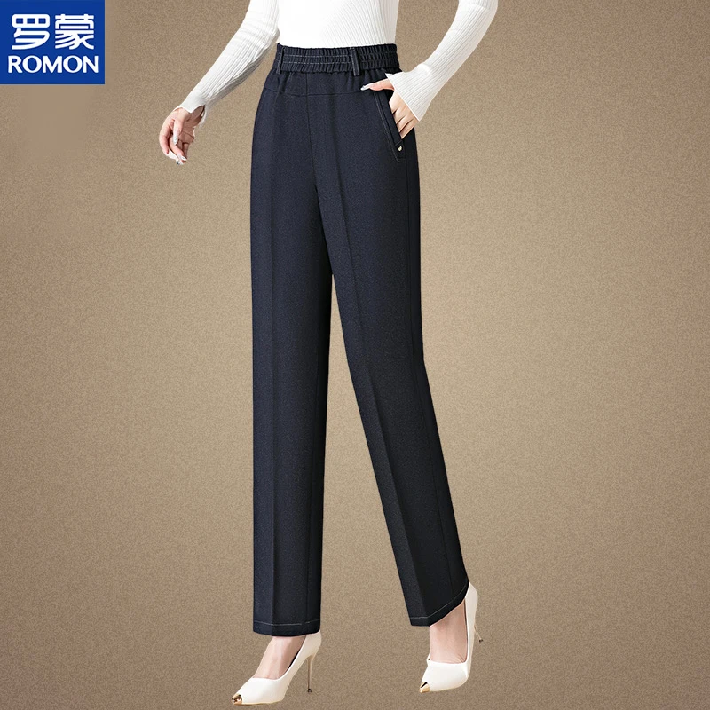 罗蒙妈妈裤子春秋新款高腰松紧腰直筒秋季长裤宽松中老年人女裤