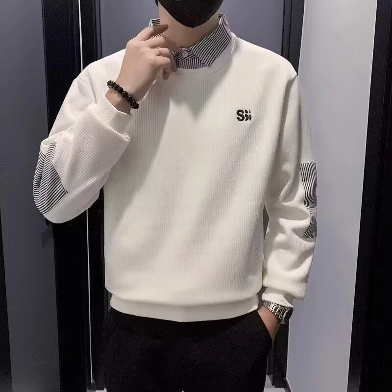 男衬衫领卫衣加绒潮牌假两件灯芯绒春季2025新款秋冬款内搭打底衫