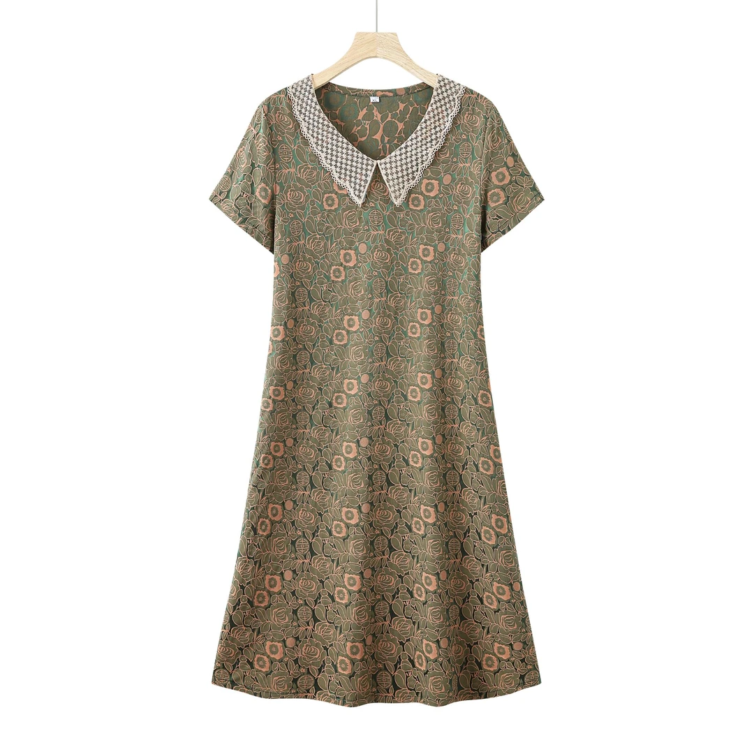 9653-夏季新款短袖碎花A字版气质妈妈装连衣裙女