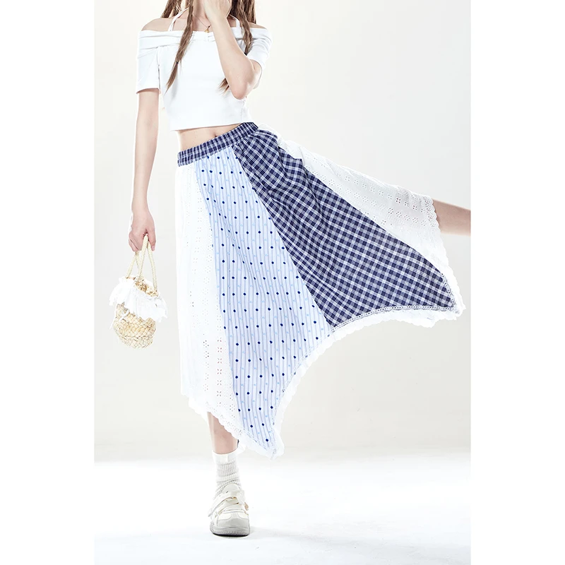自然涩夏季通勤波点格子沙滩拼接长裙半身裙白色百褶刺绣高腰显瘦
