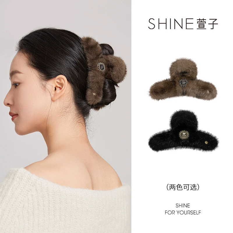 SHINE简约优雅秋冬抓夹毛绒绒可爱气质甜美