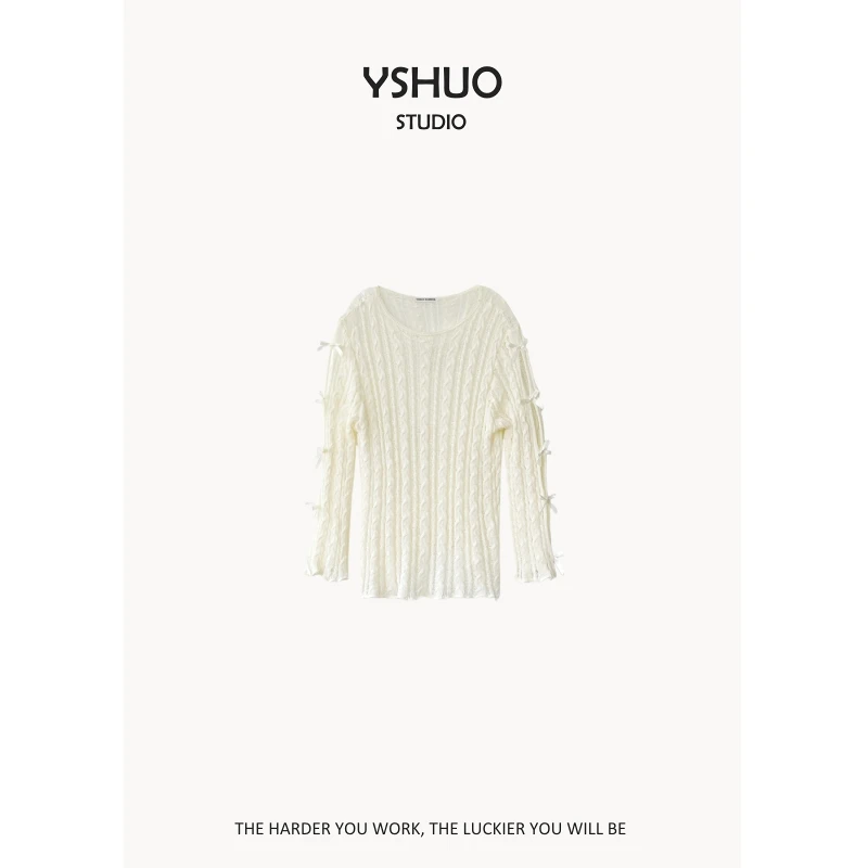 YSHUO【芭蕾练习室】纯色薄款长袖蝴蝶结圆领镂空防晒上衣 24148