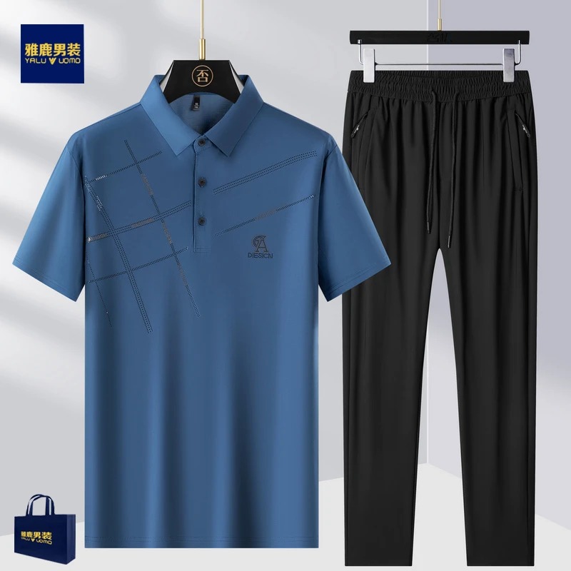 雅鹿男装中年50-60岁爸爸夏装冰丝运动套装男短袖长裤男装两件套