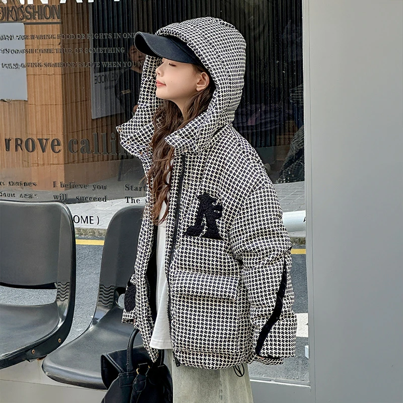 女童冬季羽绒服2024冬装新款休闲百搭中长款千鸟格外套