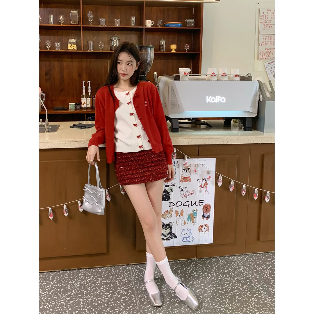 【清仓特惠】chiyiyi 红色毛衣外套女春季慵懒风气质假两件针织开衫