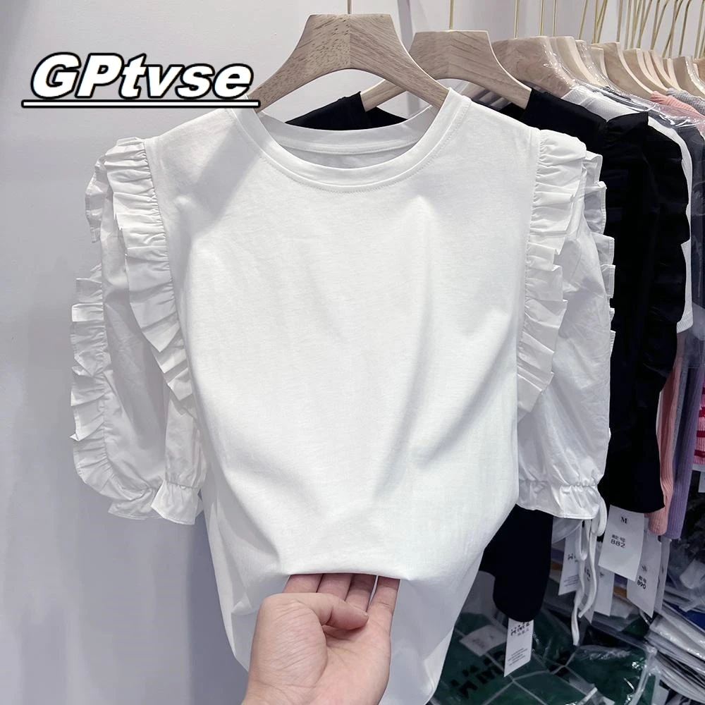 GPTVSE大码女300斤设计感法式木耳边T恤女夏宽松洋气泡泡袖上衣潮