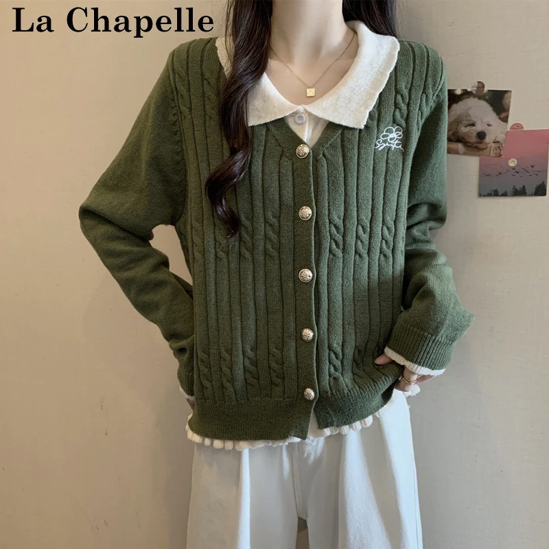 拉夏贝尔大码胖mm翻领假两件麻花针织开衫女秋冬毛衣外套显瘦上衣