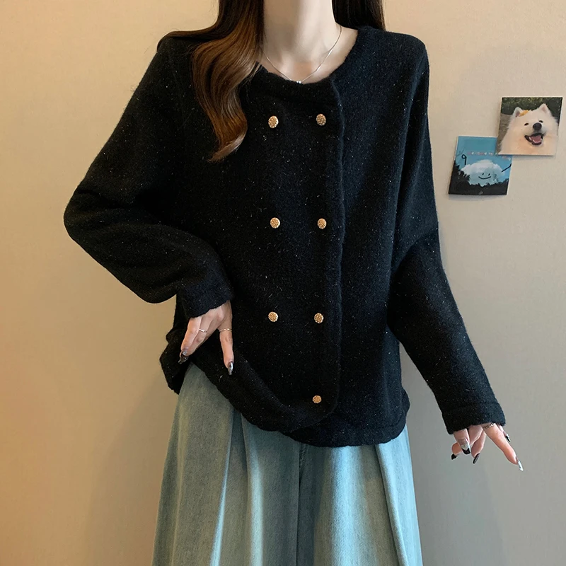 8473大码女装2023冬装新款韩版小香风胖MM宽松双排扣毛衣针织开衫
