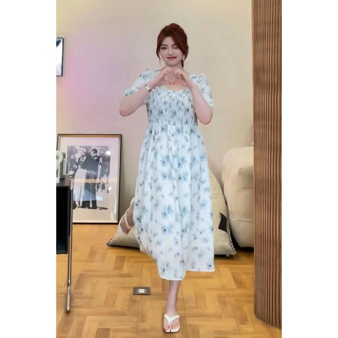 晶咕 油画仙子胸前荷叶边印花长短版连衣裙裙子微底底