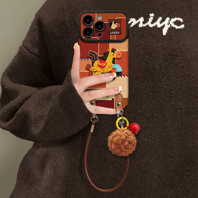 撞色刺绣小马挂绳适用15秋冬手机壳iphone17硅胶羊皮16promax
