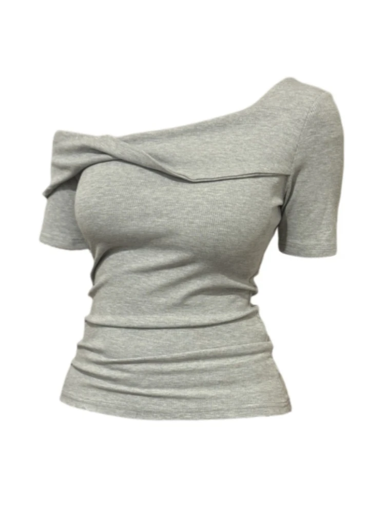 【Amy家】微胖mm设计感斜领扭结短袖T恤女夏季纯欲辣妹性感显瘦上衣