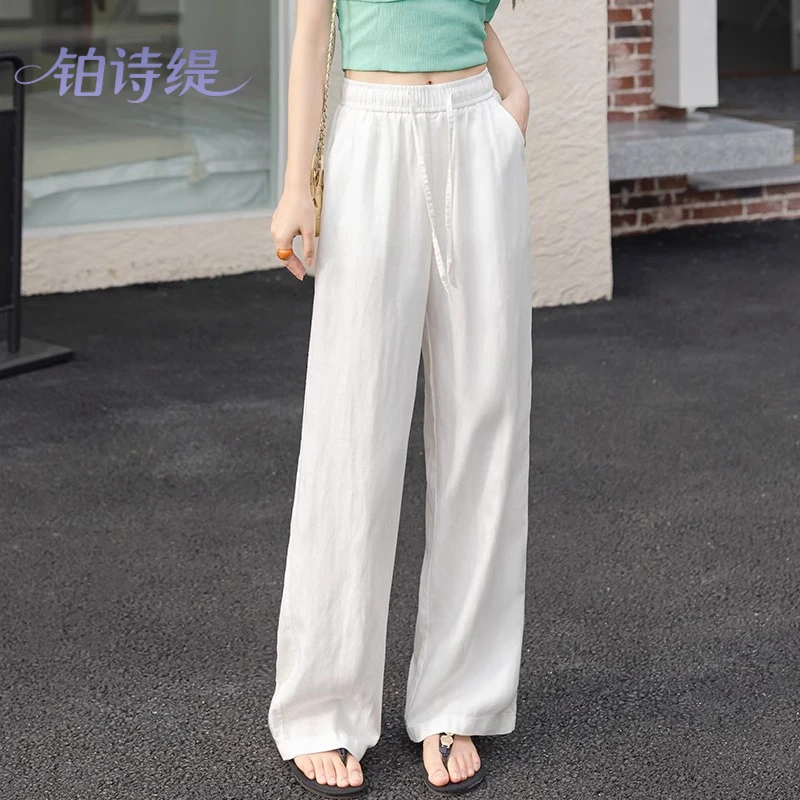 白色亚麻阔腿裤女夏季2025新款休闲小个子九分裤子天丝抗皱山本裤