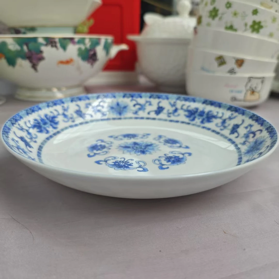 A773】蓝色8英寸珐琅彩饭盘2只唐山骨瓷