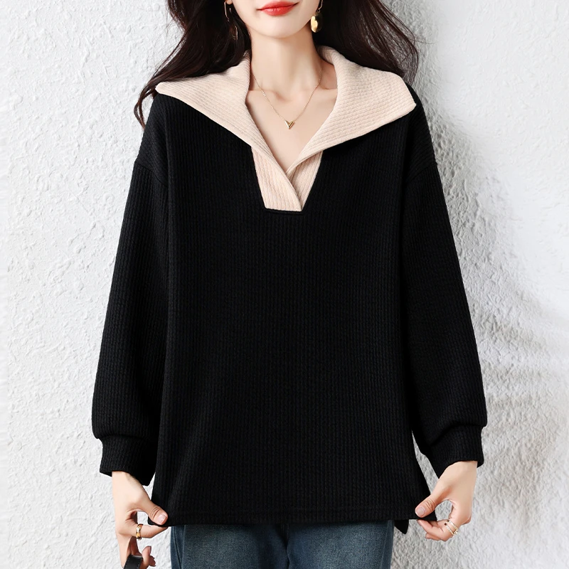 大码时尚条纹拼色洋气翻领针织衫女2025年秋季胖MM慵懒风百搭上衣