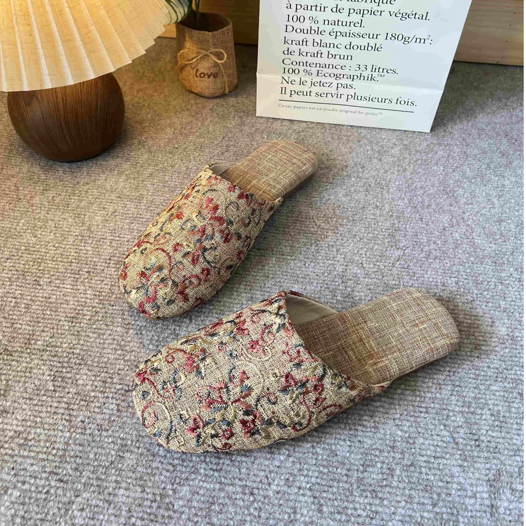 居家轻奢包头拖鞋外穿休闲亚麻提花法式单款防滑透气秋冬417A-1