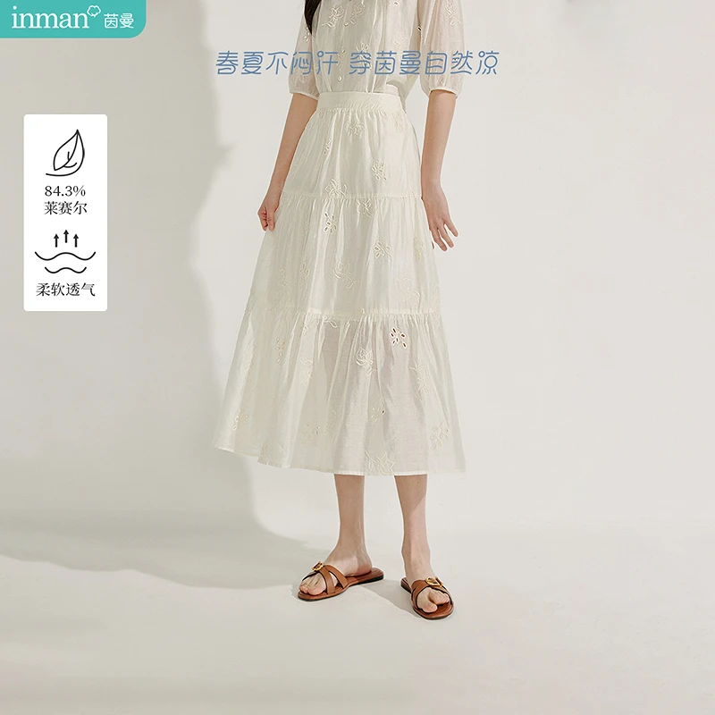 茵曼莱赛尔镂空刺绣半身裙女2025年夏季新款禅意松紧腰重工裙子