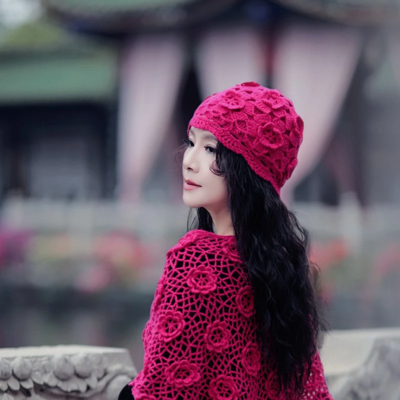 【玫瑰小姐】玫红色纯手工钩花羊绒帽 大牌羊绒纱线温暖雅致